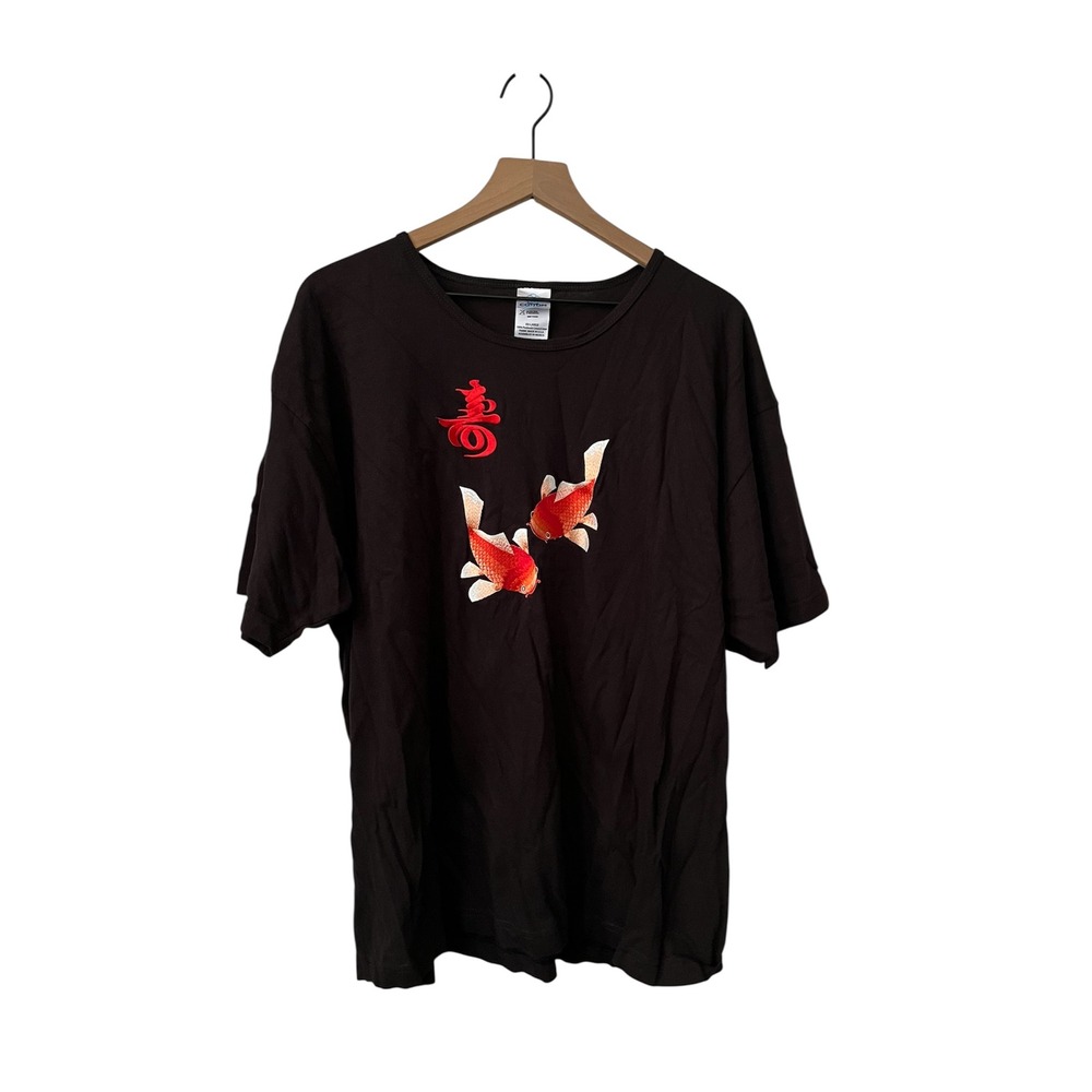 Koi Fish Embroidered Shirt XXL Black Asian Print